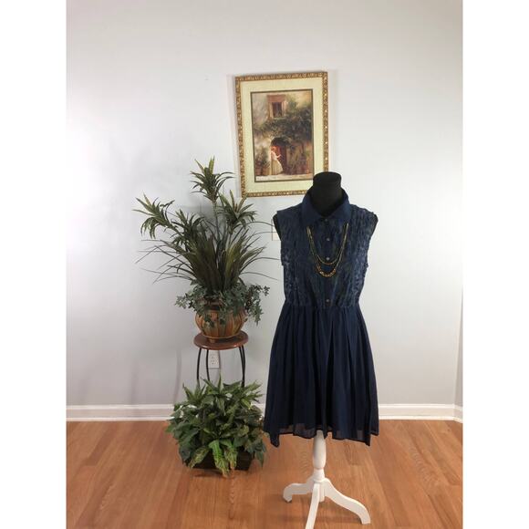 Umgee USA Dress Women's Size Medium Navy Cotton Blend Sleeveless Collared - Picture 1 of 12